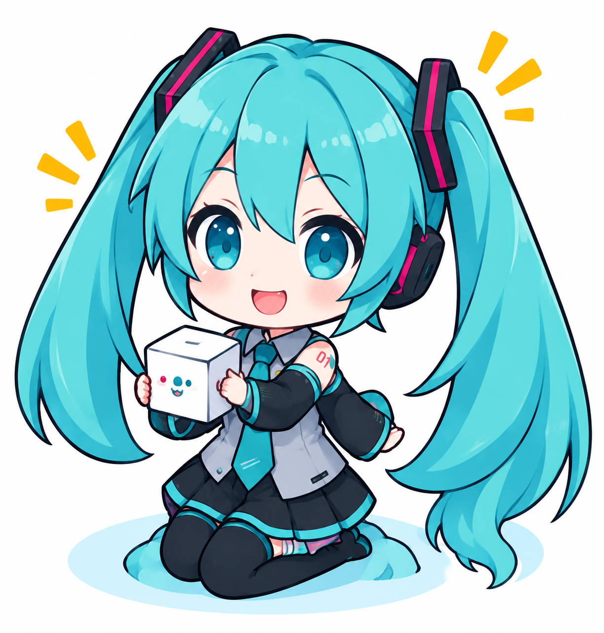 Chibi Hatsune Miku craft companion holding a papercraft cube